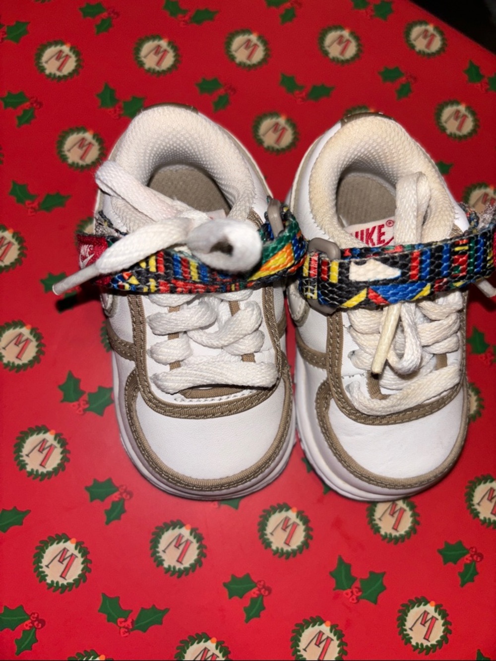 Nike Kids White Sneakers with Multicolor Woven Strap and Tan Trim
